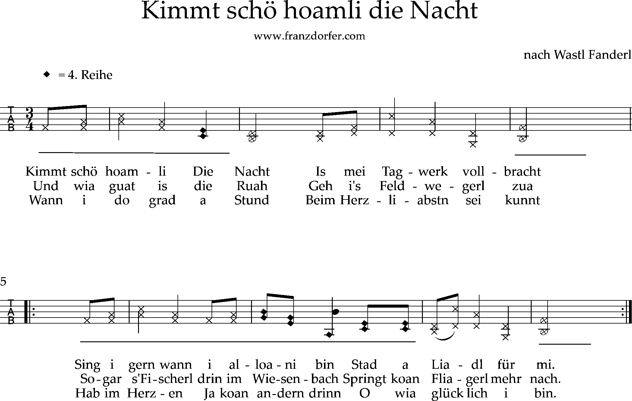 kimmt schö hoamli die Nacht, griffschrift 2stimmig Noten , 2stimmig, kimmt schö hoamli die Nacht
